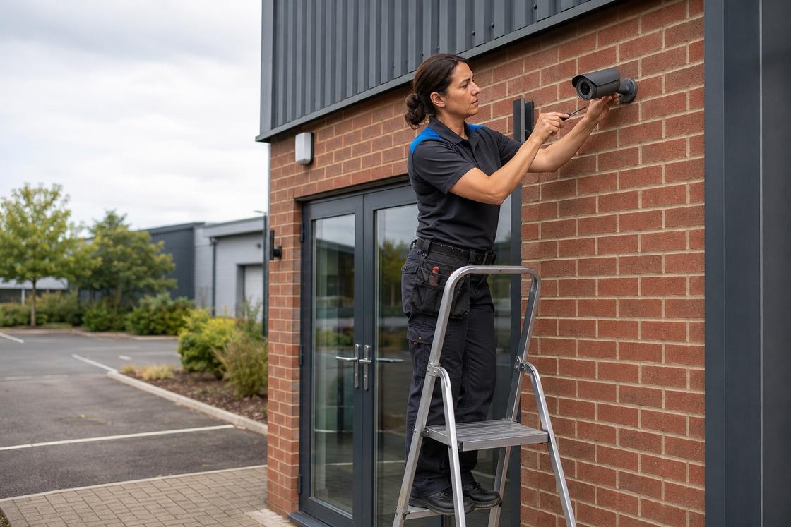 Engineer fitting a bullet camera to the wall of a commercial unit